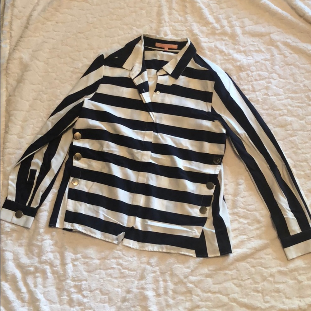 Vilagallo Navy/White Striped Blouse w/ Gold Detail